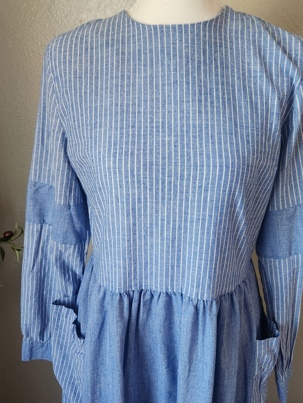 Women's Light Blue Pinstripe Long Sleeve Maxi Dress - Picture 7 of 8
